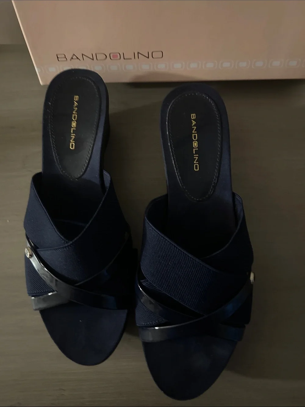 Bandolino Navy Wedge Slide Sandals with Glossy Strap